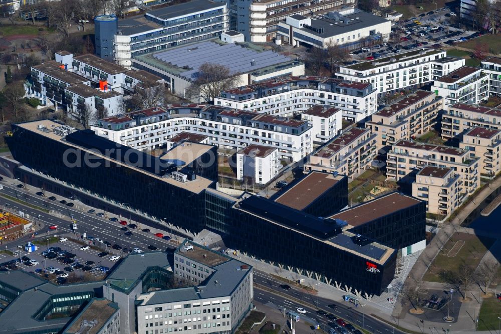 Essen from the bird's eye view: Administration building of the company of Funke Mediengruppe on Berliner Platz in Essen in the state North Rhine-Westphalia, Germany