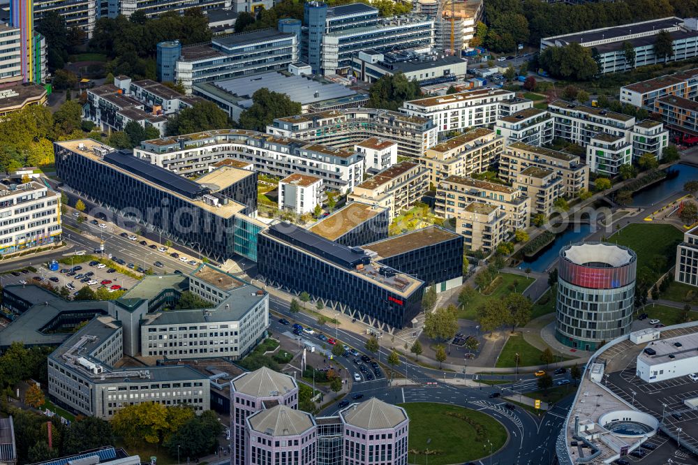 Essen from the bird's eye view: administration building of the company of Funke Mediengruppe on Berliner Platz in Essen in the state North Rhine-Westphalia, Germany