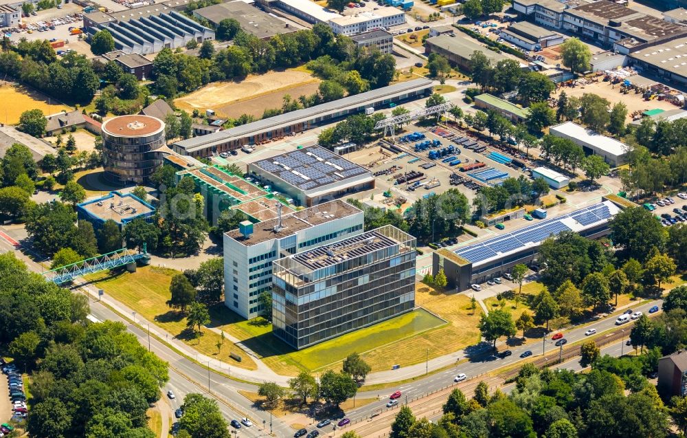 Gelsenkirchen from the bird's eye view: Administration building of the company GELSENWASSER AG on Willy-Brandt-Allee in Gelsenkirchen in the state North Rhine-Westphalia, Germany