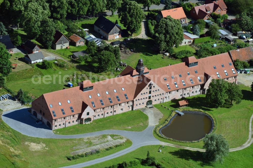 Brahlstorf from above - Administration building of the company Lunge Lauf- and Sportschuh GmbH on Schlossstrasse in the district Duessin in Brahlstorf in the state Mecklenburg - Western Pomerania, Germany