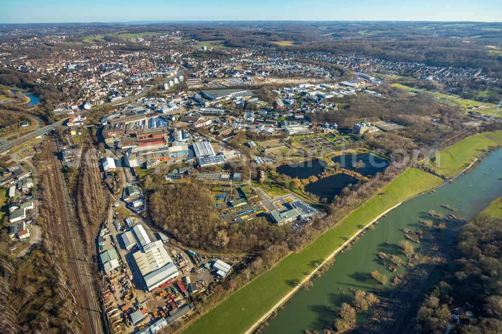 Hattingen from the bird's eye view: Administration building of the company of Stadtwerke Hattingen GmbH on Weg Zum Wasserwerk in Hattingen in the state North Rhine-Westphalia, Germany