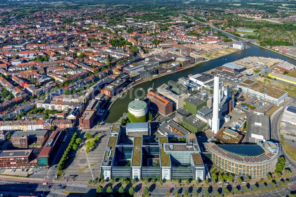 Münster from above - Administration building of the company of Stadtwerke Muenste onr Hafenplatz in Muenster in the state North Rhine-Westphalia, Germany