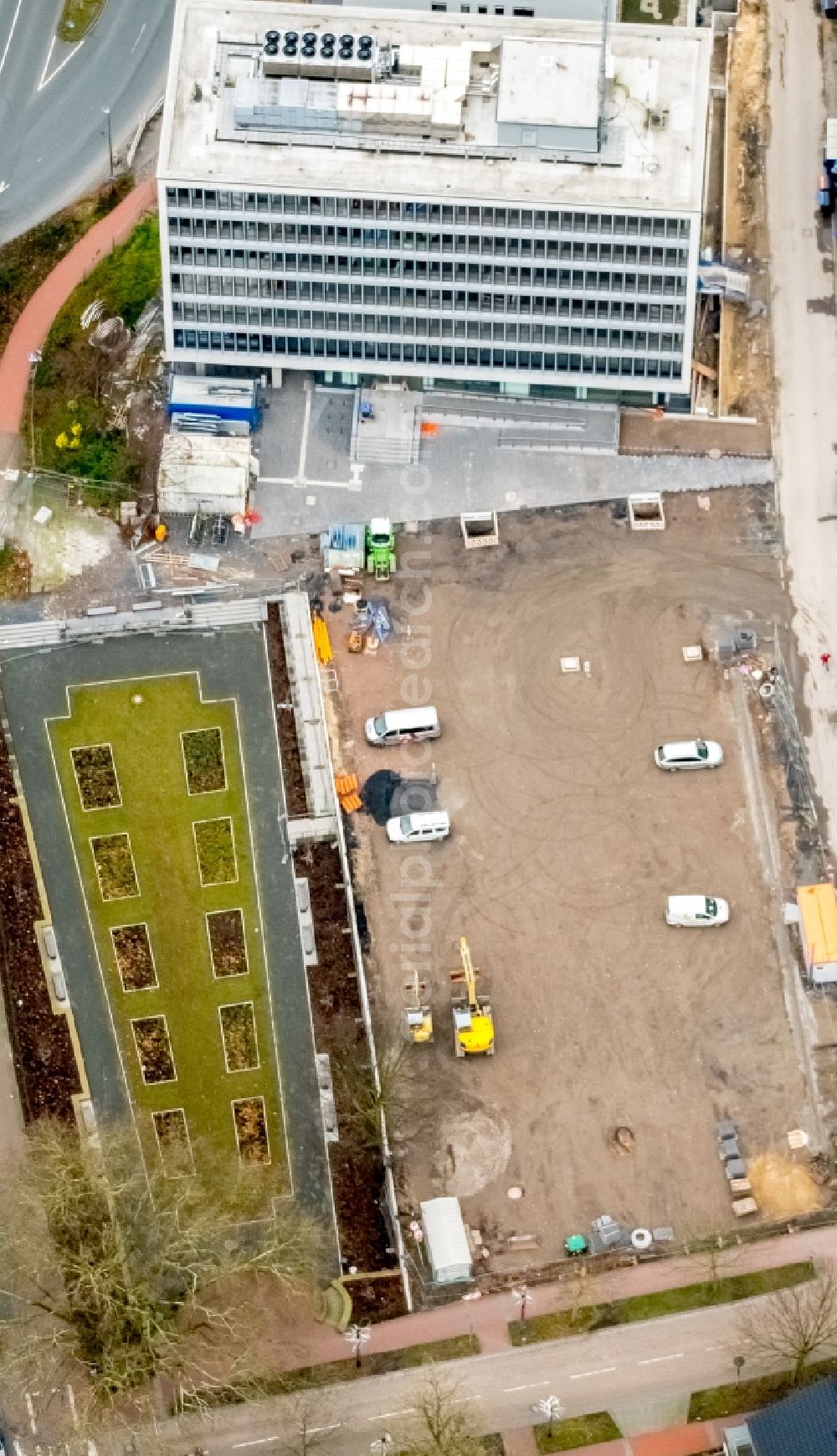 Hamm from above - Administration building of the company Stadtwerkehaus with construction site of Rosengarten in the district Mitte in Hamm in the state North Rhine-Westphalia, Germany