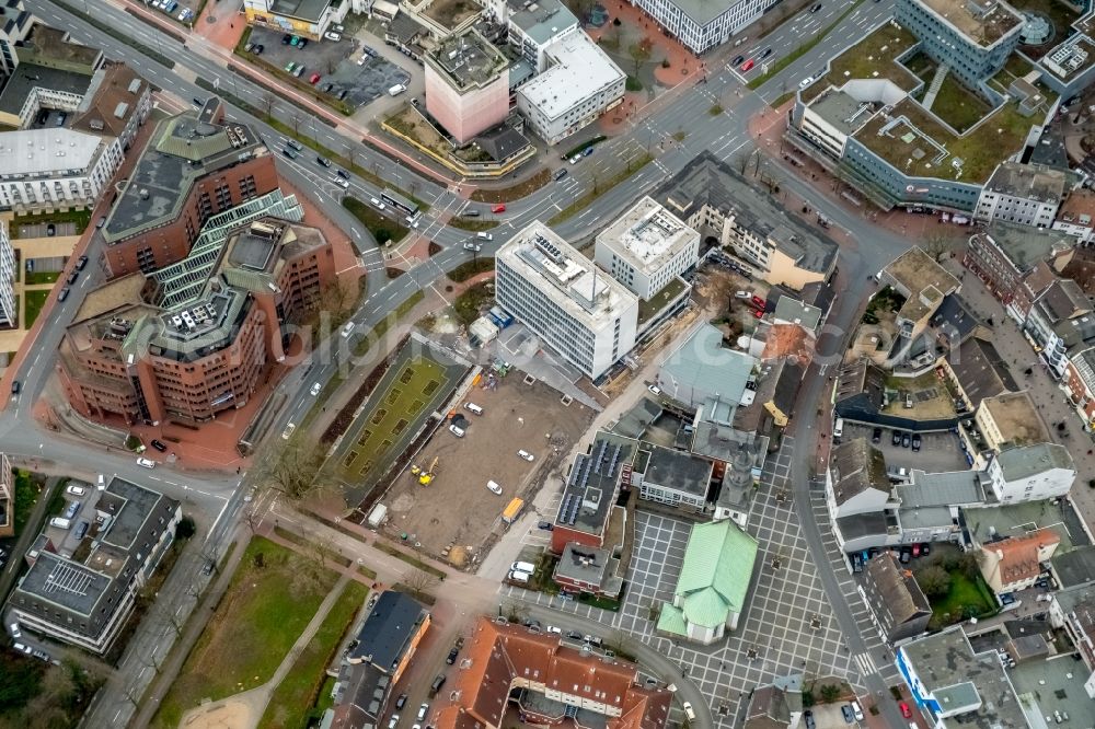 Hamm from the bird's eye view: Administration building of the company Stadtwerkehaus with construction site of Rosengarten in the district Mitte in Hamm in the state North Rhine-Westphalia, Germany