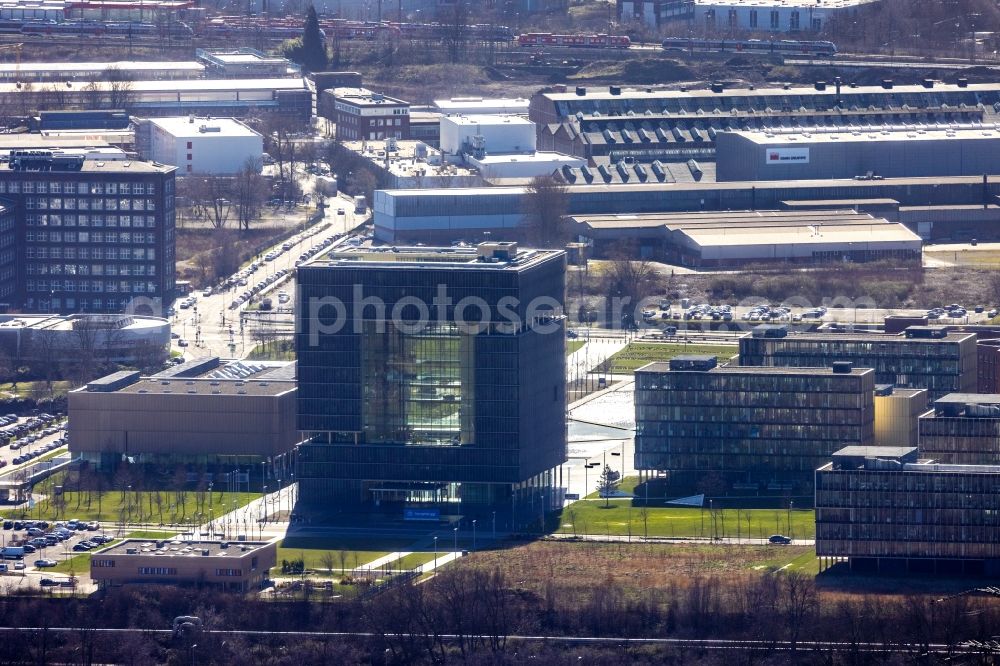 Essen from above - Administration building of the company of Thyssenkrupp AG Building ensemble Krupp - Guertel in Krupp Park on Altendorfer Strasse at the corner of Berthold-Beitz-Boulevard in the district Westviertel in Essen at Ruhrgebiet in the state North Rhine-Westphalia, Germany