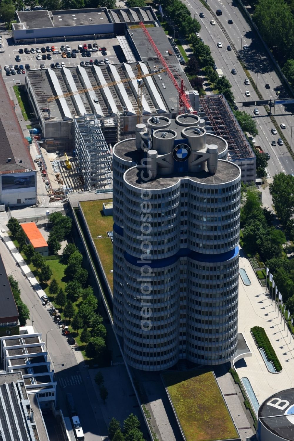 Aerial photograph München - Administration building of the company Vierzylinof of BMW AG in the district Milbertshofen-Am Hart in Munich in the state Bavaria, Germany