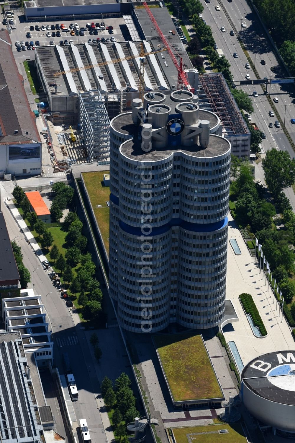 München from above - Administration building of the company Vierzylinof of BMW AG in the district Milbertshofen-Am Hart in Munich in the state Bavaria, Germany