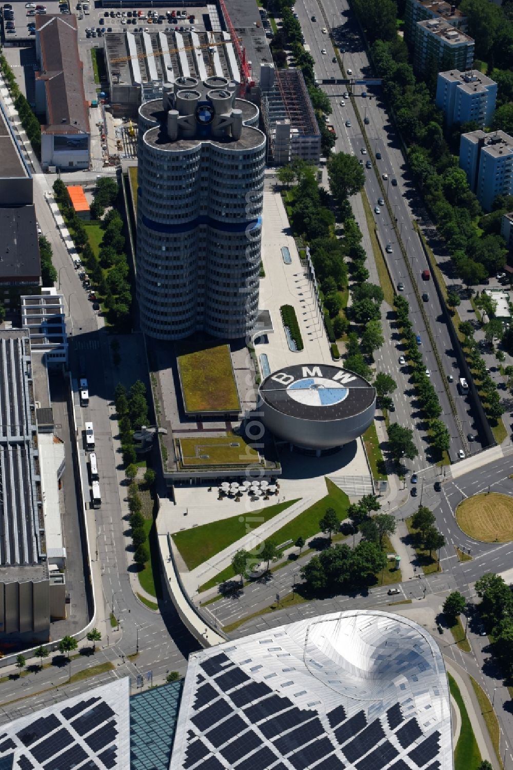 Aerial image München - Administration building of the company Vierzylinof of BMW AG in the district Milbertshofen-Am Hart in Munich in the state Bavaria, Germany