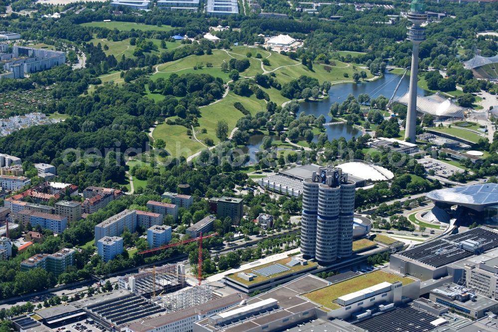 Aerial image München - Administration building of the company Vierzylinof of BMW AG in the district Milbertshofen-Am Hart in Munich in the state Bavaria, Germany