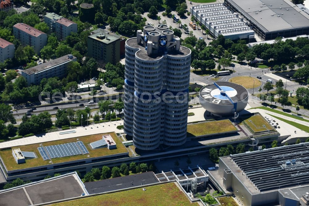 München from above - Administration building of the company Vierzylinof of BMW AG in the district Milbertshofen-Am Hart in Munich in the state Bavaria, Germany