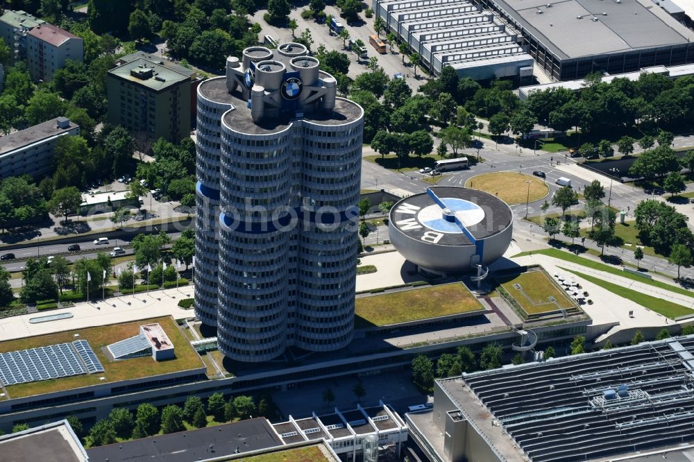 München from the bird's eye view: Administration building of the company Vierzylinof of BMW AG in the district Milbertshofen-Am Hart in Munich in the state Bavaria, Germany