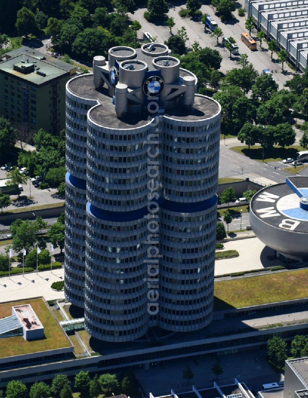 Aerial image München - Administration building of the company Vierzylinof of BMW AG in the district Milbertshofen-Am Hart in Munich in the state Bavaria, Germany