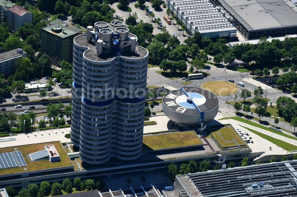 Aerial photograph München - Administration building of the company Vierzylinof of BMW AG in the district Milbertshofen-Am Hart in Munich in the state Bavaria, Germany