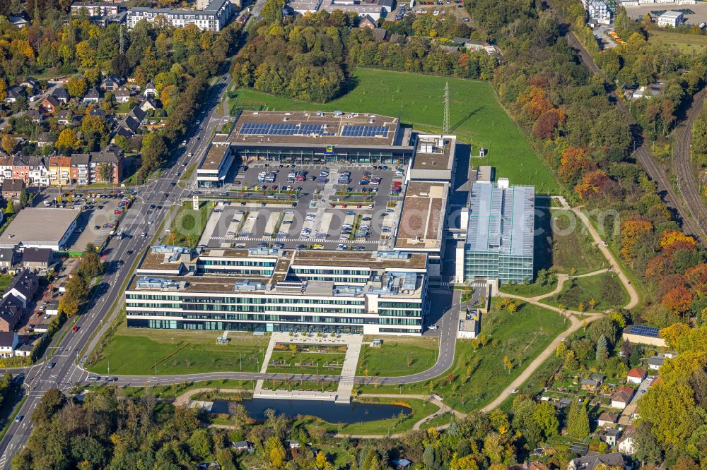 Aerial image Moers - Corporate administration building of EDEKA Handelsgesellschaft Rhein-Ruhr mbH on Rheinberger Strasse in the district of Repelen in Moers in the federal state of North Rhine-Westphalia, Germany