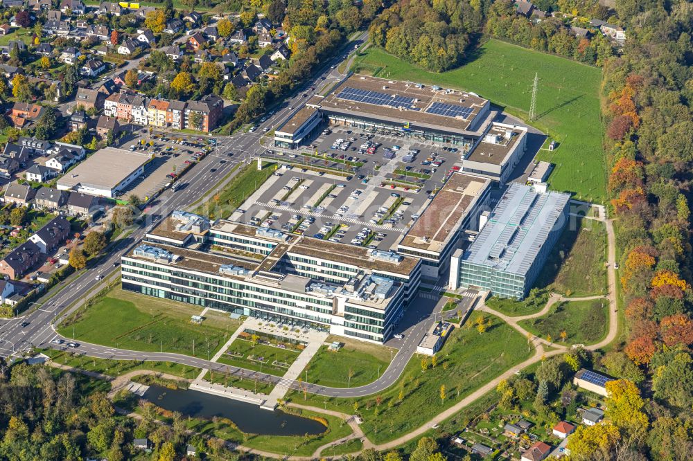 Moers from above - Corporate administration building of EDEKA Handelsgesellschaft Rhein-Ruhr mbH on Rheinberger Strasse in the district of Repelen in Moers in the federal state of North Rhine-Westphalia, Germany