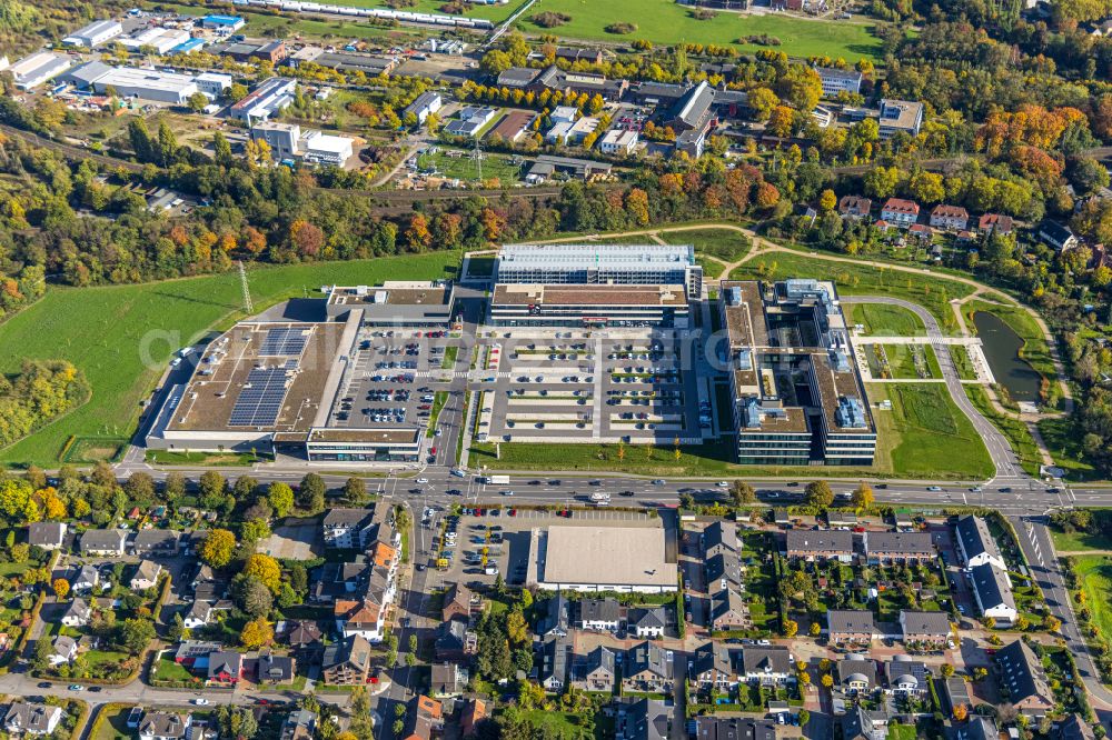 Moers from above - Corporate administration building of EDEKA Handelsgesellschaft Rhein-Ruhr mbH on Rheinberger Strasse in the district of Repelen in Moers in the federal state of North Rhine-Westphalia, Germany