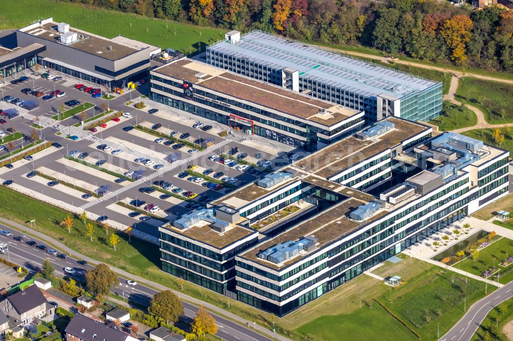 Aerial image Moers - Corporate administration building of EDEKA Handelsgesellschaft Rhein-Ruhr mbH on Rheinberger Strasse in the district of Repelen in Moers in the federal state of North Rhine-Westphalia, Germany