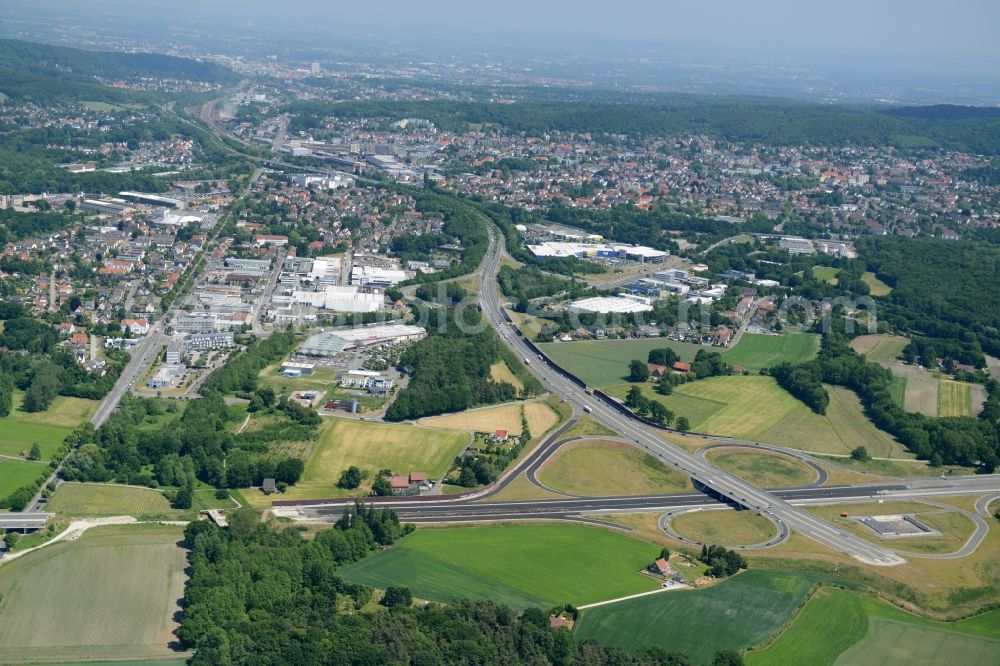 Aerial image Bielefeld - Routing and traffic lanes during the highway exit and access the motorway A 33 an der Bundesstrasse 61 in Bielefeld in the state North Rhine-Westphalia