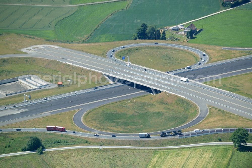 Bielefeld from above - Routing and traffic lanes during the highway exit and access the motorway A 33 an der Bundesstrasse 61 in Bielefeld in the state North Rhine-Westphalia