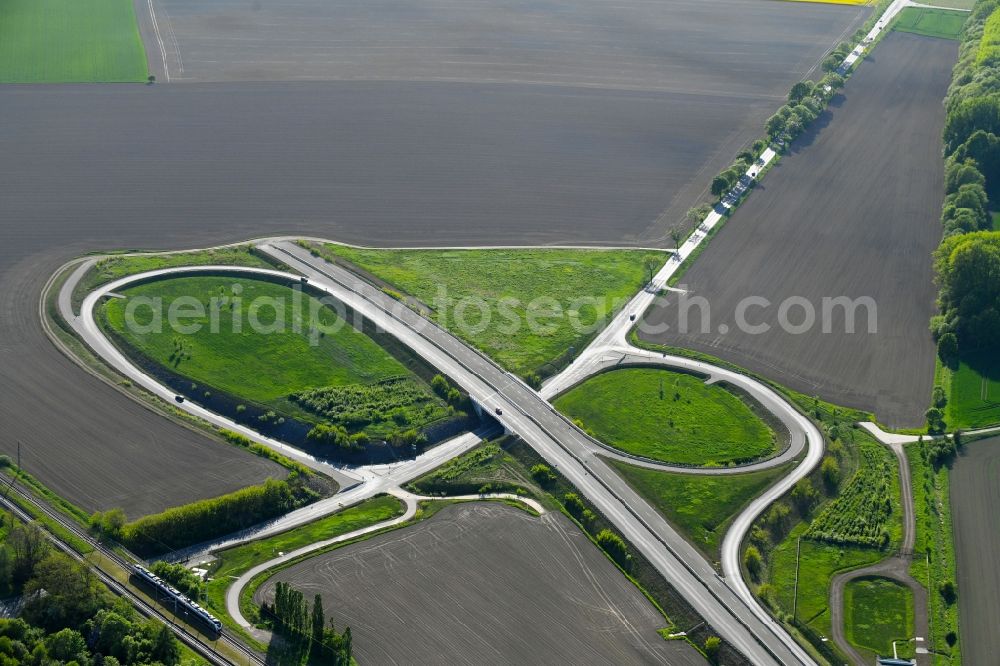 Seerhausen from above - Unfinished routing and traffic lanes during the highway exit and access the motorway A 6 to the B196 in Seerhausen in the state Saxony, Germany