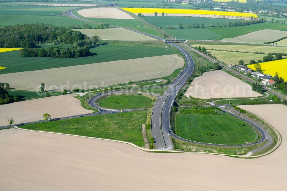 Seerhausen from the bird's eye view: Unfinished routing and traffic lanes during the highway exit and access the motorway A 6 to the B196 in Seerhausen in the state Saxony, Germany
