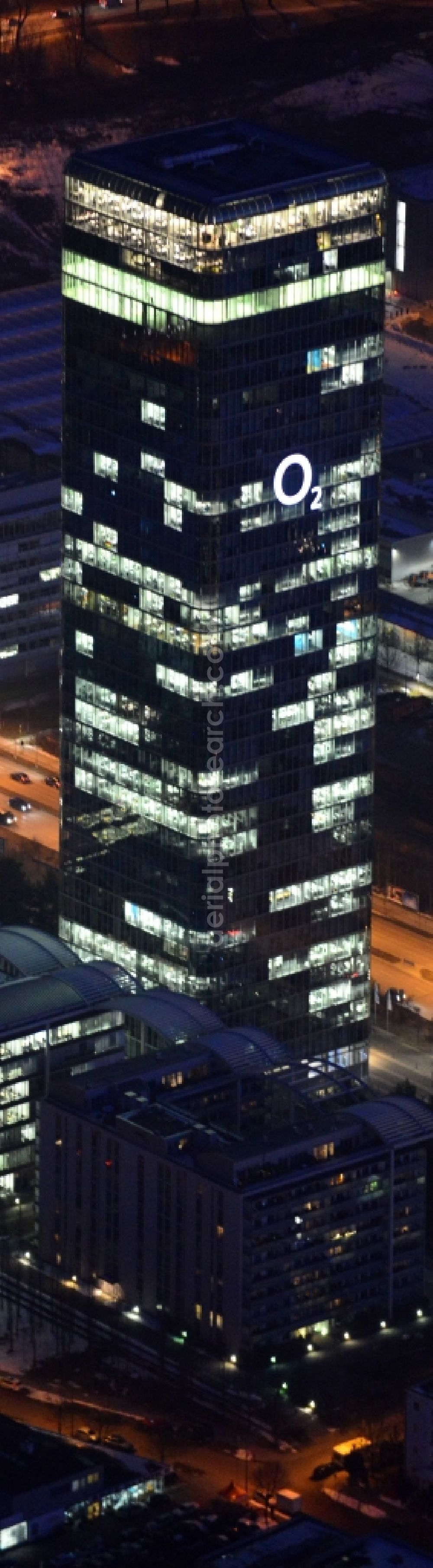 Aerial image München - The headquarters Uptown of Telefonica Germany and Astellas Pharma on Georg Brauchle Ring in Munich in the state of Bavaria. The telecommunication company is seated in the glas tower with the 02 logo. The pharmaceutical company is in the complex with glas arches