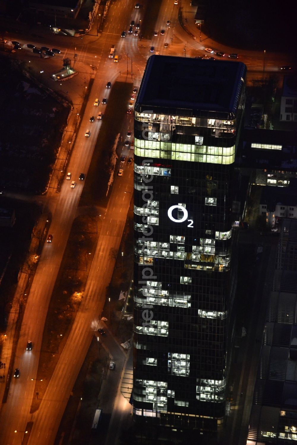 Aerial image München - The headquarters Uptown of Telefonica Germany and Astellas Pharma on Georg Brauchle Ring in Munich in the state of Bavaria. The telecommunication company is seated in the glas tower with the 02 logo. The pharmaceutical company is in the complex with glas arches