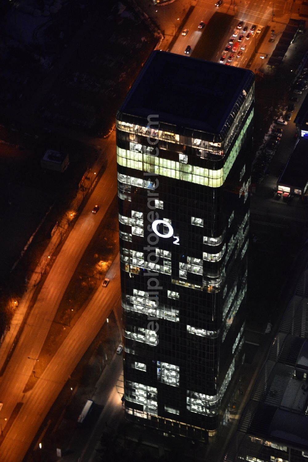 Aerial image München - The headquarters Uptown of Telefonica Germany and Astellas Pharma on Georg Brauchle Ring in Munich in the state of Bavaria. The telecommunication company is seated in the glas tower with the 02 logo. The pharmaceutical company is in the complex with glas arches