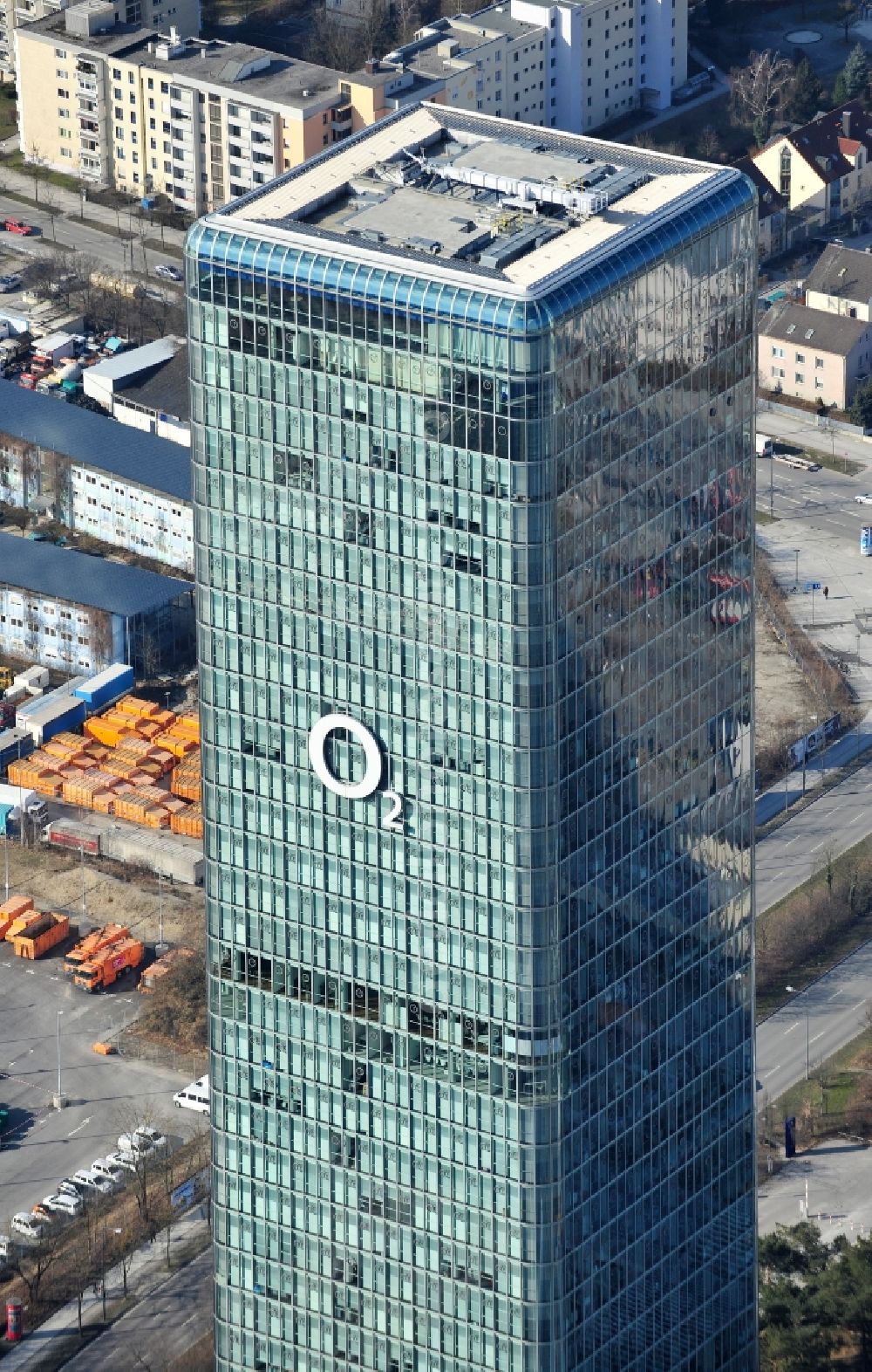 München from above - Uptown high-rise building - headquarters of Telefonica Germany (O2) and Astellas Pharma GmbH on Georg-Brauchle-Ring in the Moosach district of Munich in the state of Bavaria