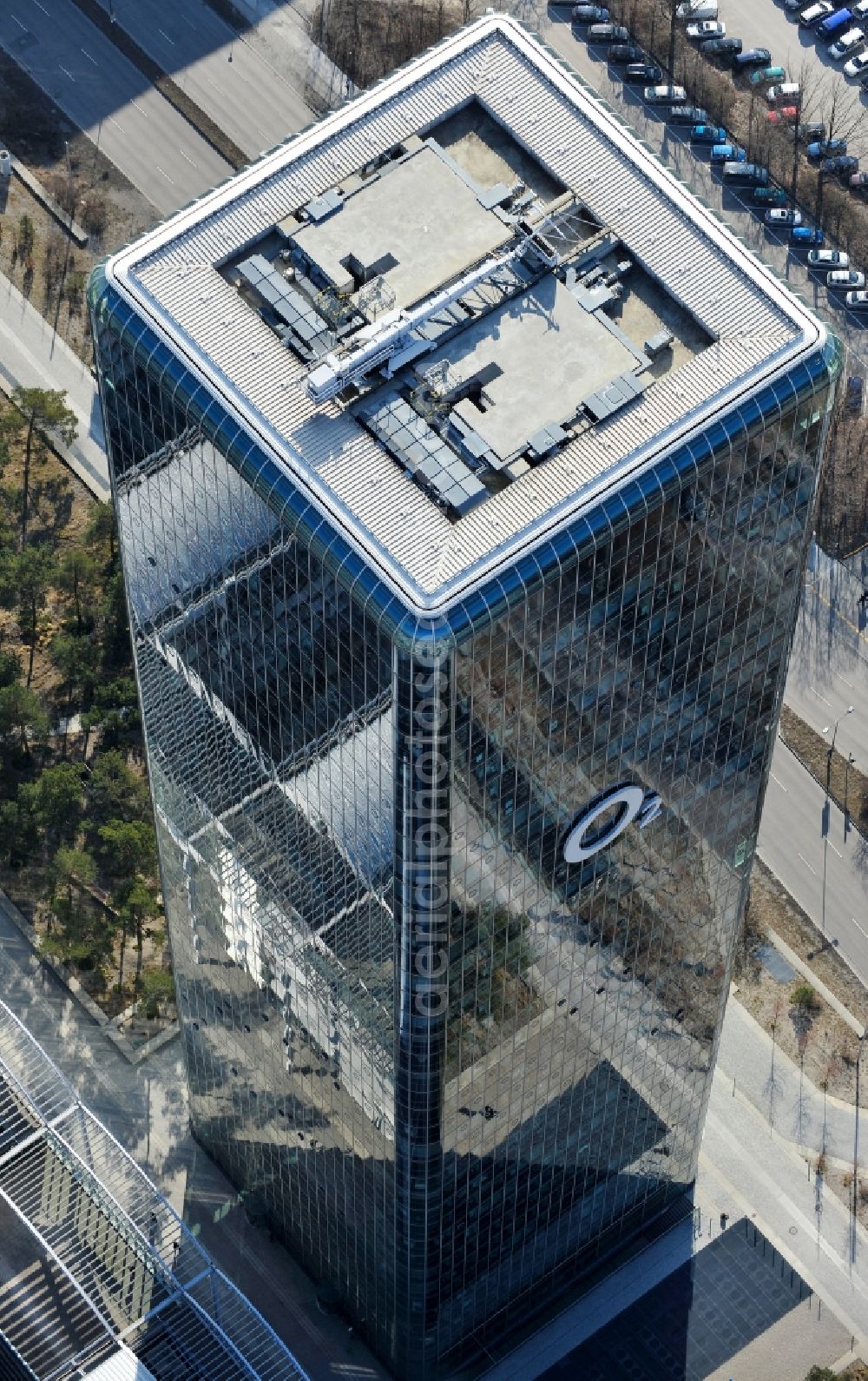 München from above - Uptown high-rise building - headquarters of Telefonica Germany (O2) and Astellas Pharma GmbH on Georg-Brauchle-Ring in the Moosach district of Munich in the state of Bavaria