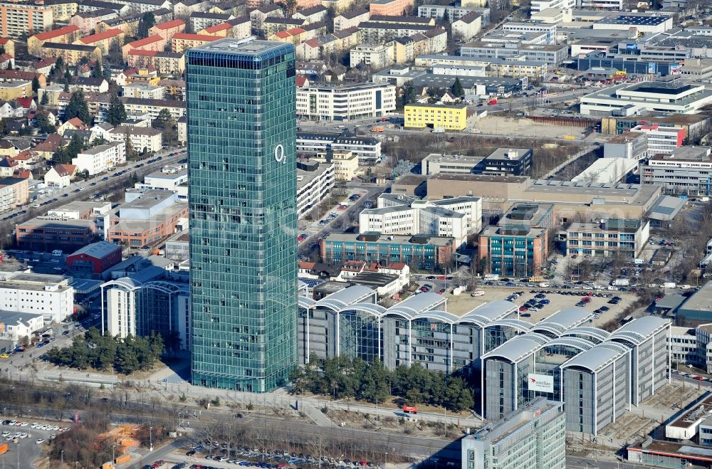 München from above - Uptown high-rise building - headquarters of Telefonica Germany (O2) and Astellas Pharma GmbH on Georg-Brauchle-Ring in the Moosach district of Munich in the state of Bavaria