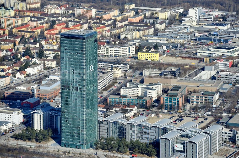 München from the bird's eye view: Uptown high-rise building - headquarters of Telefonica Germany (O2) and Astellas Pharma GmbH on Georg-Brauchle-Ring in the Moosach district of Munich in the state of Bavaria