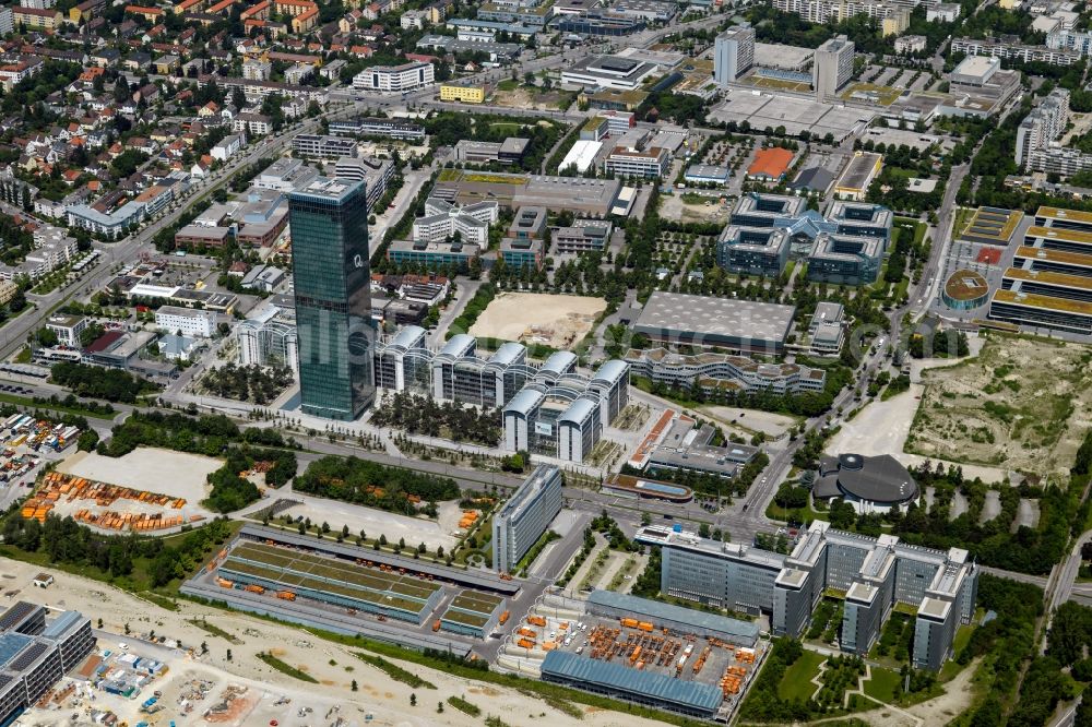 Aerial image München - Uptown high-rise building - headquarters of Telefonica Germany (O2) and Astellas Pharma GmbH on Georg-Brauchle-Ring in the Moosach district of Munich in the state of Bavaria