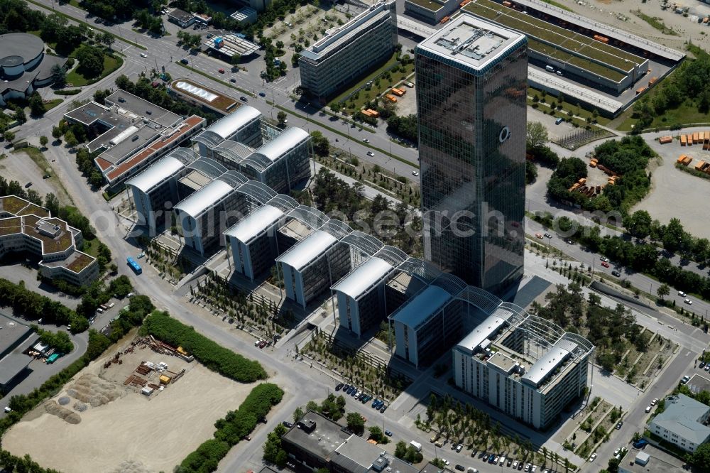 Aerial photograph München - Uptown high-rise building - headquarters of Telefonica Germany (O2) and Astellas Pharma GmbH on Georg-Brauchle-Ring in the Moosach district of Munich in the state of Bavaria