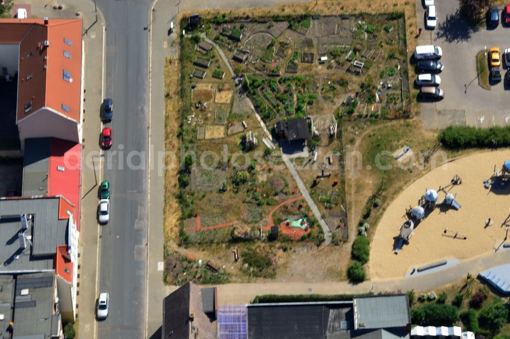 Magdeburg from the bird's eye view: Urban gardening park and playground on Haldensleber Strasse in Magdeburg in the state Saxony-Anhalt. The compound with its flower beds, vegetables and bushes as well as the sand playground is located in a residential area on site of a demolished residential building