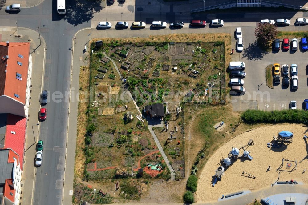 Aerial image Magdeburg - Urban gardening park and playground on Haldensleber Strasse in Magdeburg in the state Saxony-Anhalt. The compound with its flower beds, vegetables and bushes as well as the sand playground is located in a residential area on site of a demolished residential building