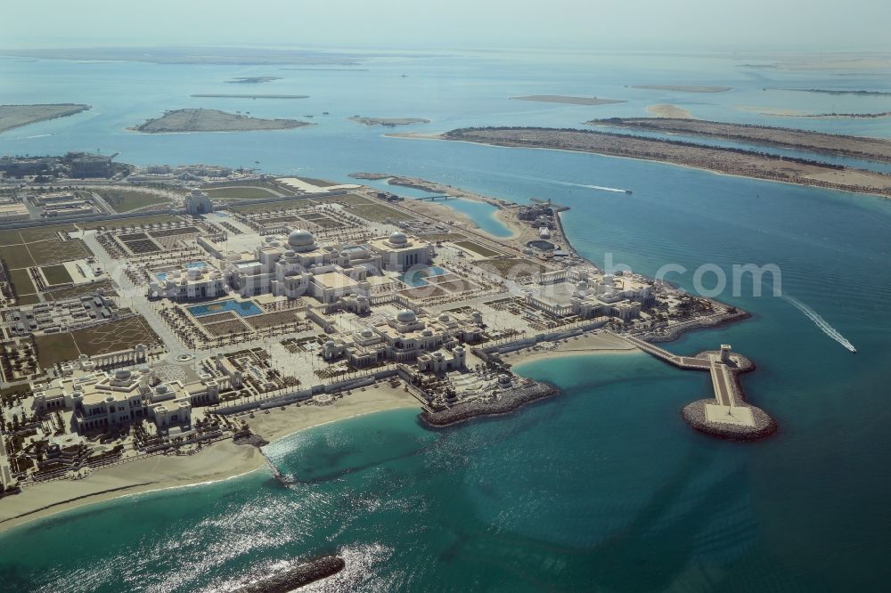 Aerial image Abu Dhabi - UAE Presidential Palace on the peninsula Al Ras Al Akhdar in the Persian Gulf in Abu Dhabi in United Arab Emirates