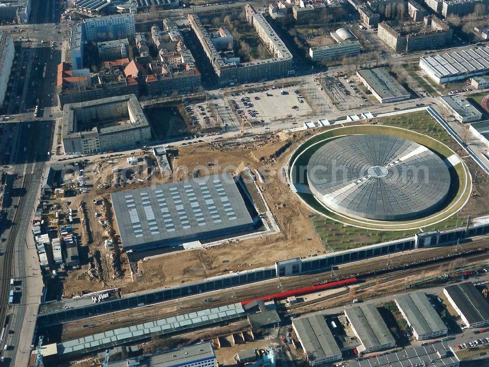 Berlin - Friedrichshain from the bird's eye view: Velodrom-Sportstättenneubauten an der Landsberger Allee.