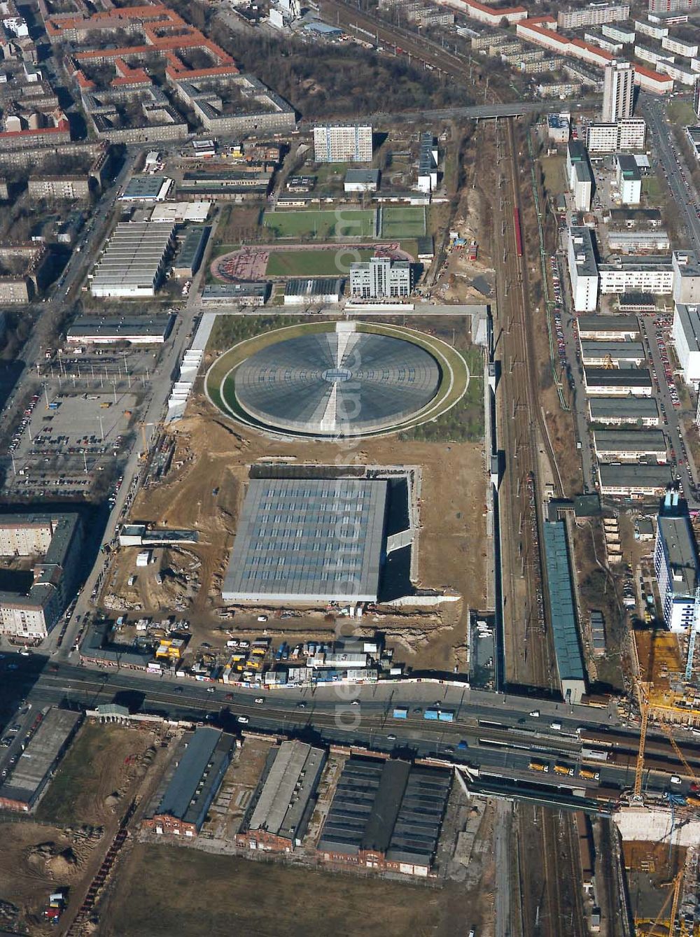 Aerial image Berlin - Friedrichshain - Velodrom-Sportstättenneubauten an der Landsberger Allee.