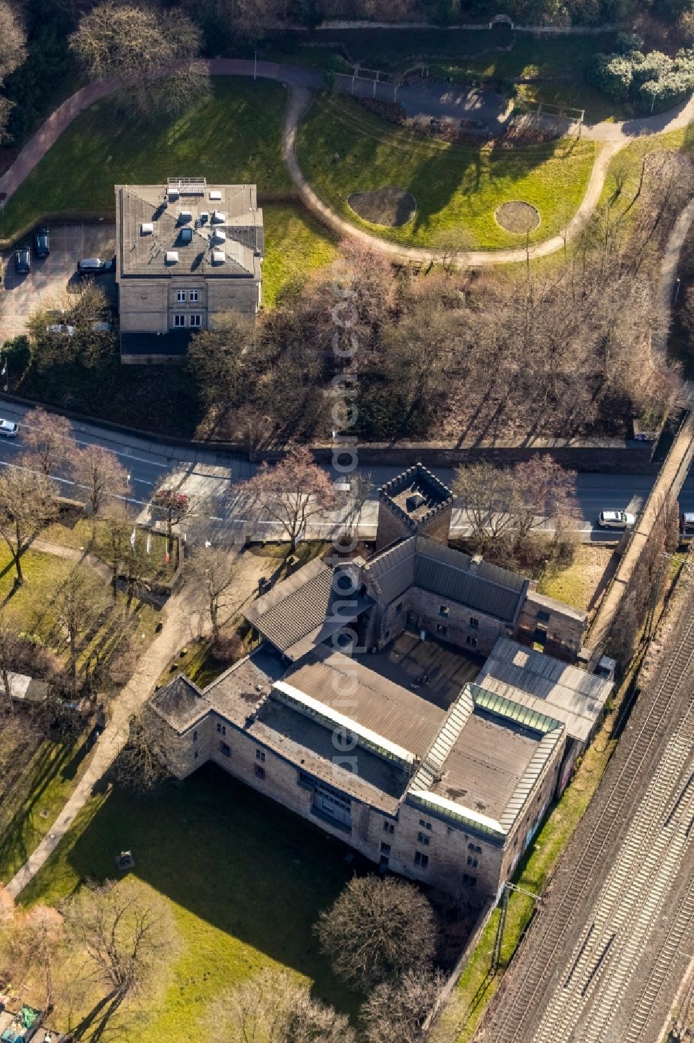 Aerial image Witten - Building of the indoor arena Haus Witten in of Ruhrstrasse in Witten in the state North Rhine-Westphalia, Germany