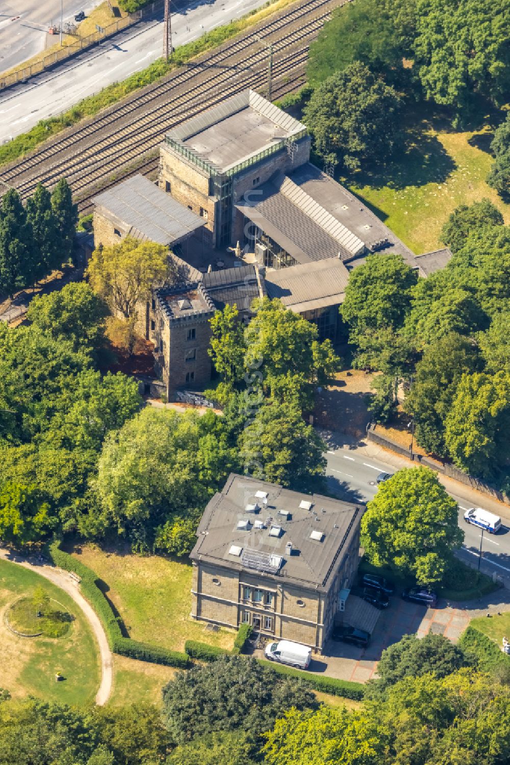 Aerial image Witten - Building of the indoor arena Haus Witten in of Ruhrstrasse in Witten in the state North Rhine-Westphalia, Germany