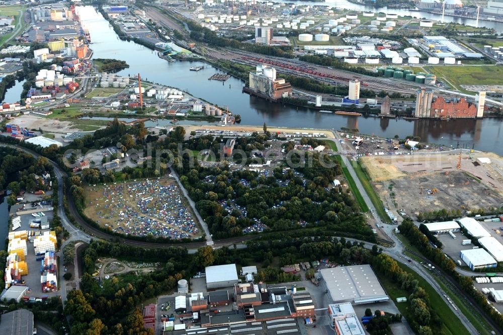 Hamburg from above - Event area of MS Dockville Musik- Festival at the running of the river Elbe in Hamburg, Germany