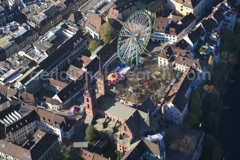 Basel from above - Event site of the Autumn Fair with ferris wheel and cathedral in the Old Town in Basle, Switzerland