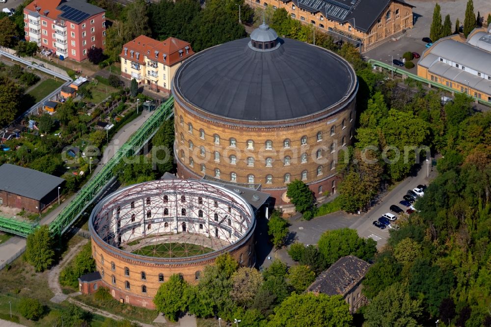 Aerial photograph Leipzig - Building of the indoor arena Arena at the Panometer at the old gasometer in Leipzig in the state Saxony. The Panometer is now a museum