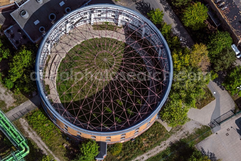 Leipzig from the bird's eye view: Building of the indoor arena Arena at the Panometer at the old gasometer in Leipzig in the state Saxony. The Panometer is now a museum