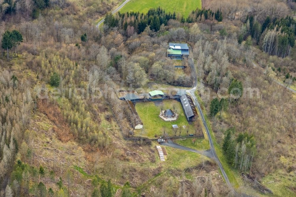 Bad Laasphe from above - Building of the indoor arena Bad Laaspher Schuetzenplatz on Brueckenstrasse in the district Banfe in Bad Laasphe on Siegerland in the state North Rhine-Westphalia, Germany