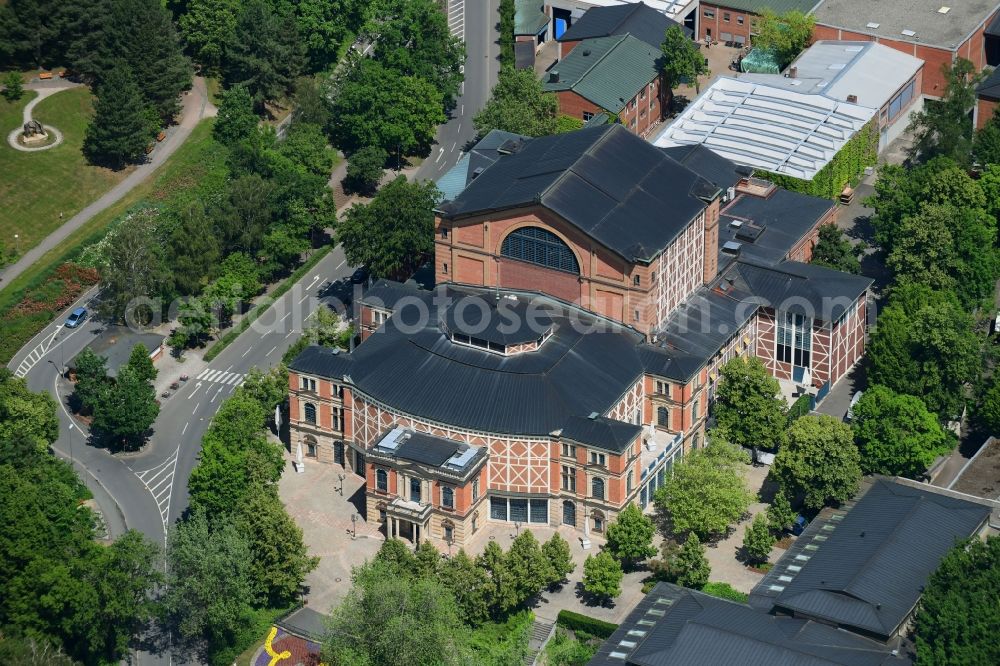 Bayreuth from above - Building of the indoor arena Bayreuther Festspielhaus on Festspielhuegel in Bayreuth in the state Bavaria, Germany