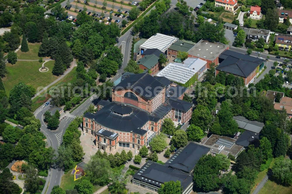 Bayreuth from the bird's eye view: Building of the indoor arena Bayreuther Festspielhaus on Festspielhuegel in Bayreuth in the state Bavaria, Germany