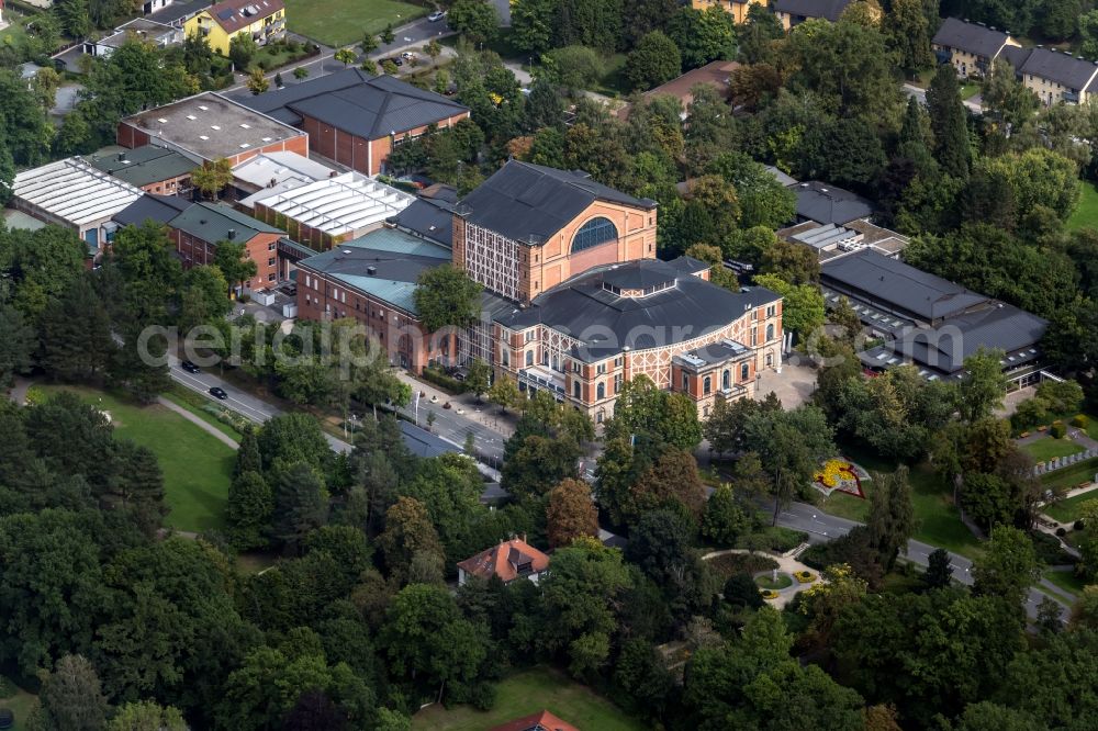 Bayreuth from above - Building of the indoor arena Bayreuther Festspielhaus on Festspielhuegel in Bayreuth in the state Bavaria, Germany