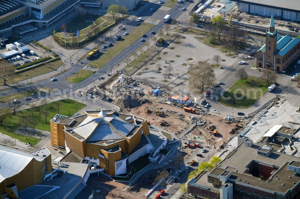 Aerial image Berlin - Event hall Berliner Philharmonie with redesign work on Scharounplatz on Herbert-von-Karajan-Strasse in Berlin